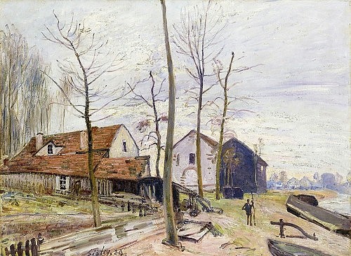 Alfred Sisley, Die Mühlen von Moret bei Sonnenaufgang (Les Moulins de Moret, au Lever du Soleil). 1889 (Landschaft, Landschaftsmalerei, Gebäude, Mühlen. Wassermühlen, Fluss, Loing, Frankreich, Idylle, Wohnzimmer, Treppenhaus, Impressionismus, Klassische Moderne, Malerei, Wunschgröße, bunt)