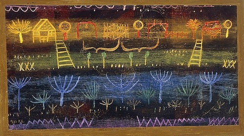 Paul Klee, Garten in der Ebene. 1925 (Öl/Papier/Karton,20. Jahrhundert,Klee,Paul,1879-1940,Christie's Images Ltd,Paul Klee,schwarz,Garten,Bäume,Querformat,Leiter,in einer Reihe,in Reihen,poetisch,gelb,blau)