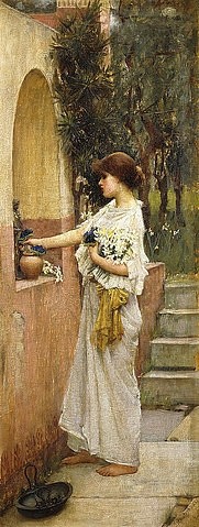 John William Waterhouse, Die Opferung. (Altar, Opferstelle, Nische, Mauer,  junge Frau, Blumen, Opferung, Realismus, Präraffaeliten, Klassiker, Schlafzimmer, Wohnzimmer, bunt)