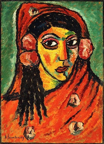 Alexej von Jawlensky, Spanierin mit rotem Schal. Um 1912 (Jawlensky,Alexej von,1864-1941,Christie's Images Ltd,Öl/Karton,20. Jahrhundert,Portrait,Alexej von Jawlensky,schwarzhaarig,Farbe,rot,grün,Umhang,schwarz,schwarze Kontur,Mädchen,junge Frau,Haarschmuck,Schal,Spanierin,Brustbild,Gesicht,ernst,Gesichtsausdruc)