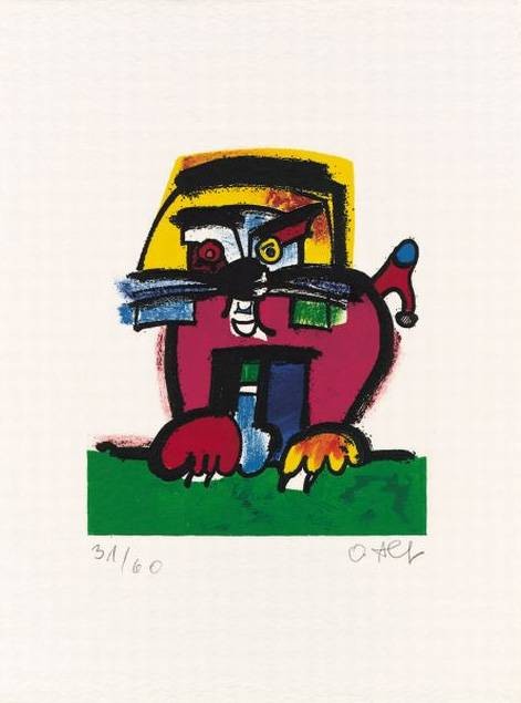 Alt Otmar Löwe (1993) (Carborundum-Radierung, handsigniert) (Löwe, Raubtier, figurativ, fröhlich, heiter, witzig, modern, Wohnzimmer, Treppenhaus, Grafik, zeitgenössisch, Original, signiert, bunt)