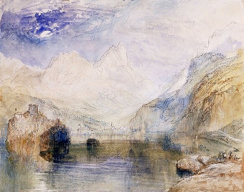 Joseph Mallord William Turner, Der Lauerzersee im Kanton Schwyz, den Mythen im Hintergrund. (Turner,Joseph Mallord William,1775-1851,Christie's Images Ltd,Aquarell,Feder und Bleistift auf Papier,Joseph Mallord William Turner,Burg,Landschaft,Aquarell,Berg,Berge,Bergmassiv,Schweiz,Schwyz,See,Natur,zarte Farben,Lauerzersee)