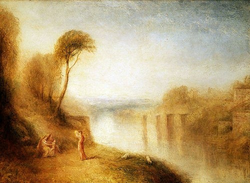 Joseph Mallord William Turner, Landschaft: Frau mit Tamburin. Um 1840-50 (Turner,Joseph Mallord William,1775-1851,Christie's Images Ltd,Öl auf Leinwand,19. Jahrhundert,Joseph Mallord William Turner,Landschaft,Arkadien,Baum,erhöhter Betrachterstandpunkt,friedlich,Fluss,Flussufer)