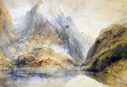 Joseph Mallord William Turner, Eine Schweizer Alpenlandschaft. (Möglicherweise eine Ansicht von Schwyz, wahrscheinlich 1843 auf dem Weg von Luzern zum Gotthardpass entstanden.) (Landschaft,19. Jahrhundert,Aquarell über Bleistift,Turner,Joseph Mallord William,1775-1851,Christie's Images Ltd,Joseph Mallord William Turner,alpin,Alpen,Schweiz,Landschaft,Berg,Berge,Tal,See,ruhig,malerisch)