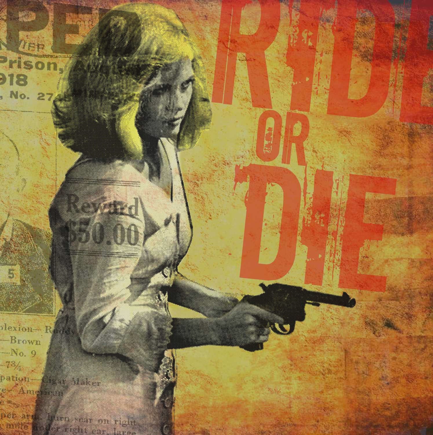 Peter Sander, Ride or Die (Film, Kino, Frau, Revolver, Road-Movie, Fotokunst, Popart, modern, illustrativ, Wunschgröße, Treppenhaus, Wohnzimmer,)
