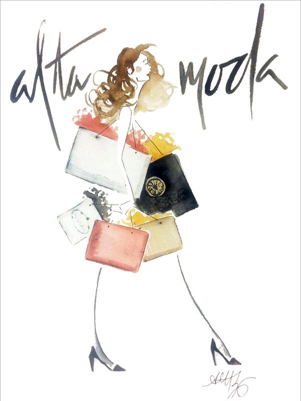 Alicia Zyburt, SHOPPING BAG I (Frau, shopping, Tüten, Einkaufen, Mode, Paris, witzig, Aquarell, modern, skizziert, Wohnzimmer, Jugendzimmer, Mädchenzimmer, Wunschgröße, bunt)