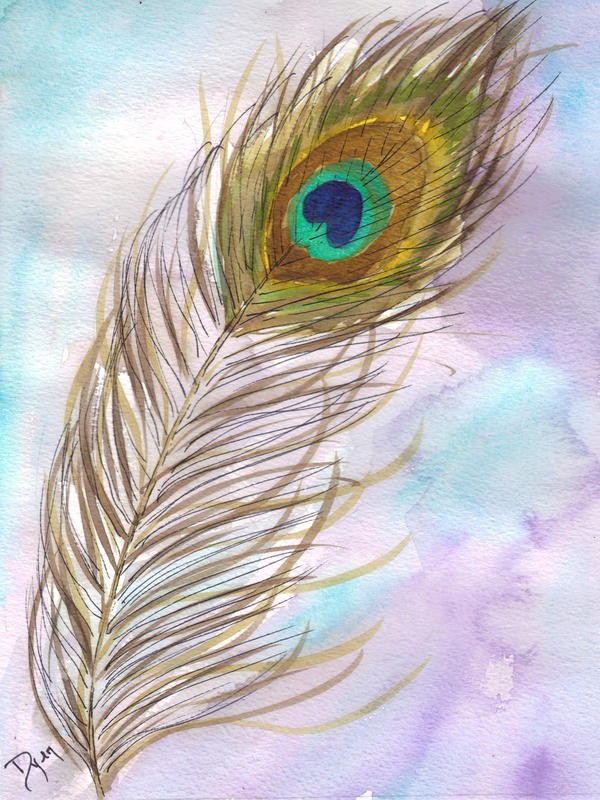 Beverly Dyer, PEACOCK FEATHER COLORFUL I (Federn, Vogelfedern,  Pfauenfedern, Schlafzimmer, Wohnzimmer, Treppenhaus, Malerei, Wunschgröße, bunt)