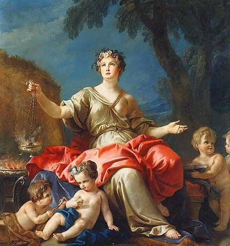 Guillaume-Thomas-Raphael Taraval, Personifikation von Asien (?). (Öl auf Holz,18. Jahrhundert,1701-1750,Taraval,Guillaume-Thomas-Raphael,Christie's Images Ltd,Guillaume Thomas Raphael Taraval,Asien,Frau,Putten,Kinder,Blumenkranz,Personifikation,Kolonialismus,Weihrauch,offene Arme,brennen,Rauch)
