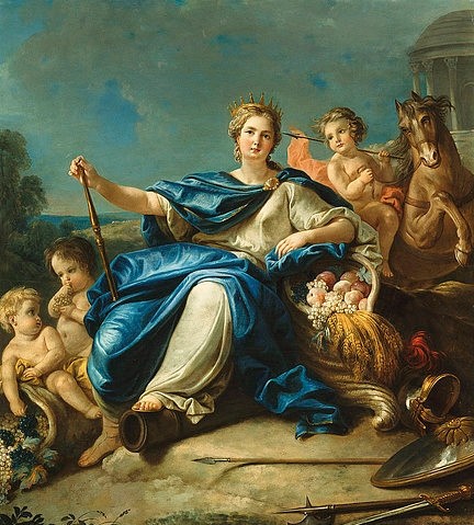 Guillaume-Thomas-Raphael Taraval, Personifikation von Asien (?). (Öl auf Holz,18. Jahrhundert,1701-1750,Taraval,Guillaume-Thomas-Raphael,Christie's Images Ltd,Guillaume Thomas Raphael Taraval,Frau,Kolonialismus,Personifikation,Asien,Waffen,Schild,Regentin,Korn,Getreide,Weizen,Allegorie,Kanonenrohr)