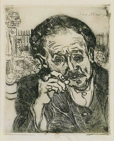 Vincent van Gogh, L'homme à la Pipe. Portrait du Docteur Gachet. (Der Mann mit der Pfeife: Bildnis des Dr. Paul Gachet.) (Gogh,Vincent van,1853-1890,Christie's Images Ltd,Radierung,19. Jahrhundert,Portrait,van gogh,vincent,doktor gachet,gachet,mann,portrait,müde,nachdenklich,pfeife,rauchend,traurig,alt,grafik,radierung)