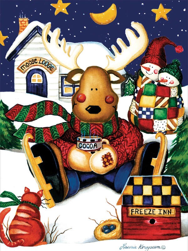 Laurie Korsgaden, MOOSE LODGE (Weihnachten, Rentier, Schlittschuh, Katze, Schneemänner, Winter, Patchwork, naiv, lustig, Wunschgröße, Malerei, Kinderzimmer, Treppenhaus, bunt)