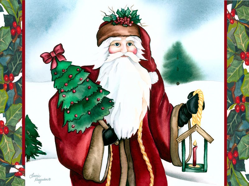 Laurie Korsgaden, FATHER CHRISTMAS (Weihnachten, Weihnachtsmann, Weihnachtsbaum, Tannenbaum, Stechpalme, Winter, Wunschgröße, Malerei, Kinderzimmer, Treppenhaus, bunt)