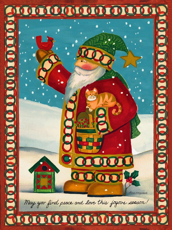 Laurie Korsgaden, SNOW DAY (Weihnachten, Weihnachtsmann, Vogel, Katze, Schnee, Winter, naiv, lustig, Wunschgröße, Malerei, Kinderzimmer, Treppenhaus, bunt)