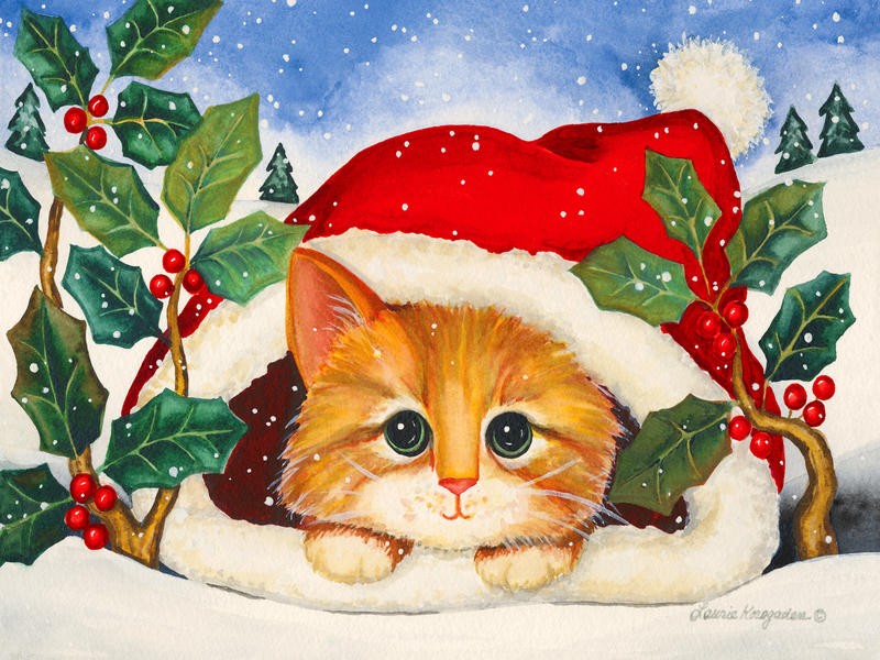 Laurie Korsgaden, CHRISTMAS CAT I (Weihnachten, Weihnachtskatze, Kätzchen, niedlich, Stechpalme, Schnee, Winter, naiv, lustig, Wunschgröße, Malerei, Kinderzimmer, Treppenhaus, bunt)