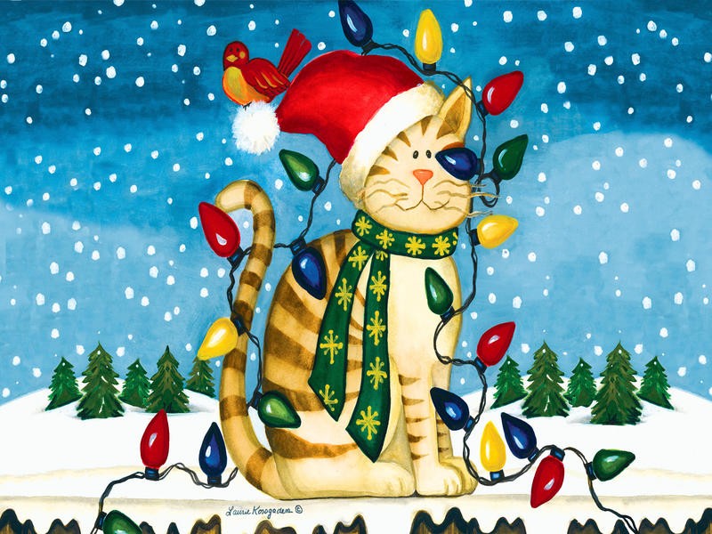 Laurie Korsgaden, CHRISTMAS CAT II (Weihnachten, Weihnachtskatze, Kätzchen, niedlich, Winterlandschaft, Lichterkette, Schnee, Winter, naiv, lustig, Wunschgröße, Malerei, Kinderzimmer, Treppenhaus, bunt)