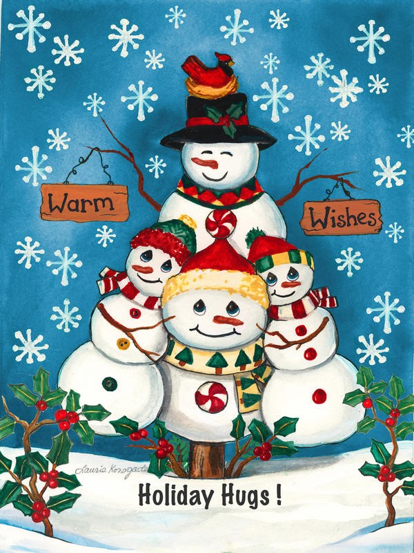 Laurie Korsgaden, HOLIDAY HUGS (Weihnachten, Schneemänner, Umarmung, niedlich, Stechpalme, Schnee, Winter, naiv, lustig, Wunschgröße, Malerei, Kinderzimmer, Treppenhaus, bunt)