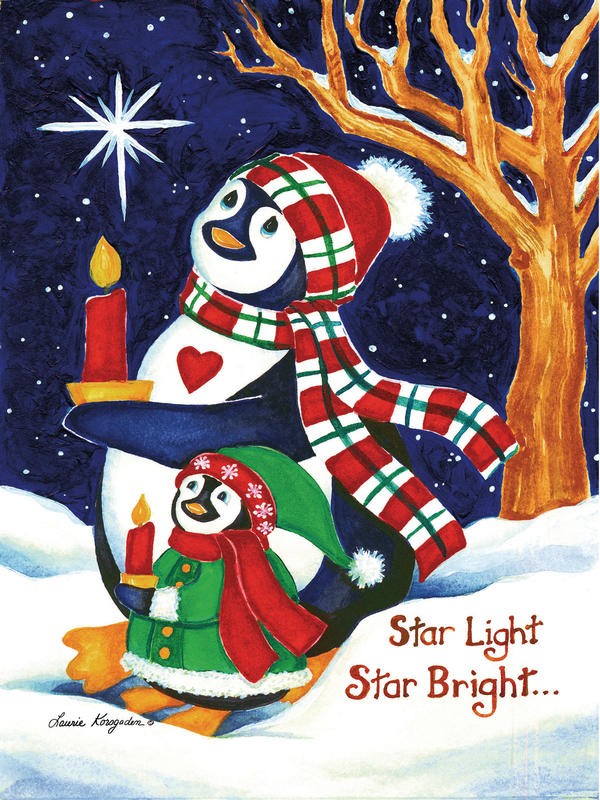 Laurie Korsgaden, STAR LIGHT STAR BRIGHT (Weihnachten, Weihnachtspinguine, Sterne, Pinguine, Winternacht, niedlich, Schnee, Winter, naiv, lustig, Wunschgröße, Malerei, Kinderzimmer, Treppenhaus, bunt)