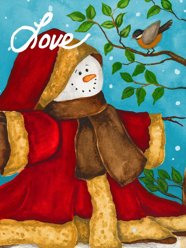 Laurie Korsgaden, LOVE (Weihnachten,Schneemann, roter Mantel, Vogel, Baum, niedlich, Winter, naiv, lustig, Wunschgröße, Malerei, Kinderzimmer, Treppenhaus, bunt)