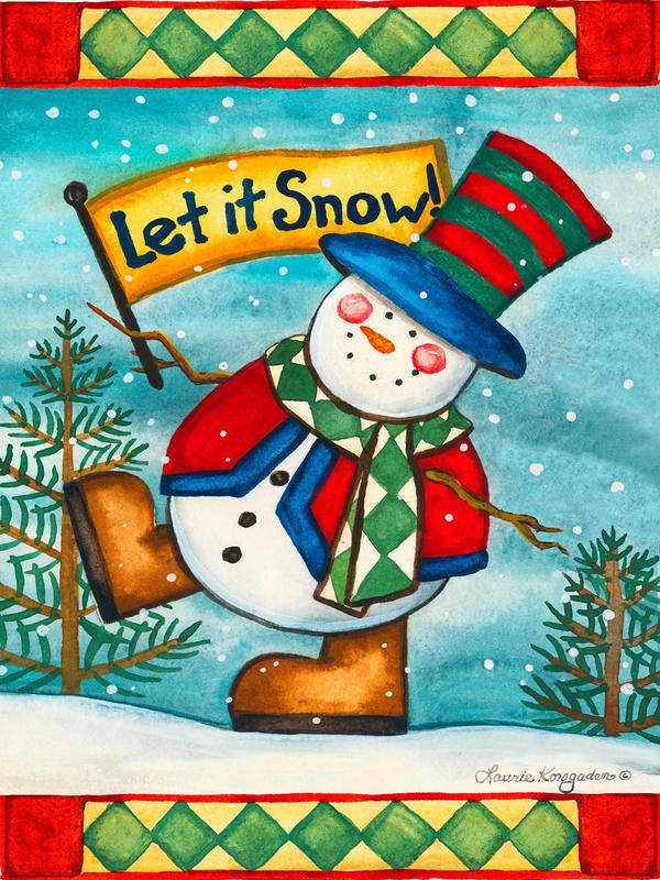 Laurie Korsgaden, LET IT SNOW II (Weihnachten, Schneemann, Tannenbäume, niedlich, Schnee, Winter, naiv, lustig, Wunschgröße, Malerei, Kinderzimmer, Treppenhaus, bunt)