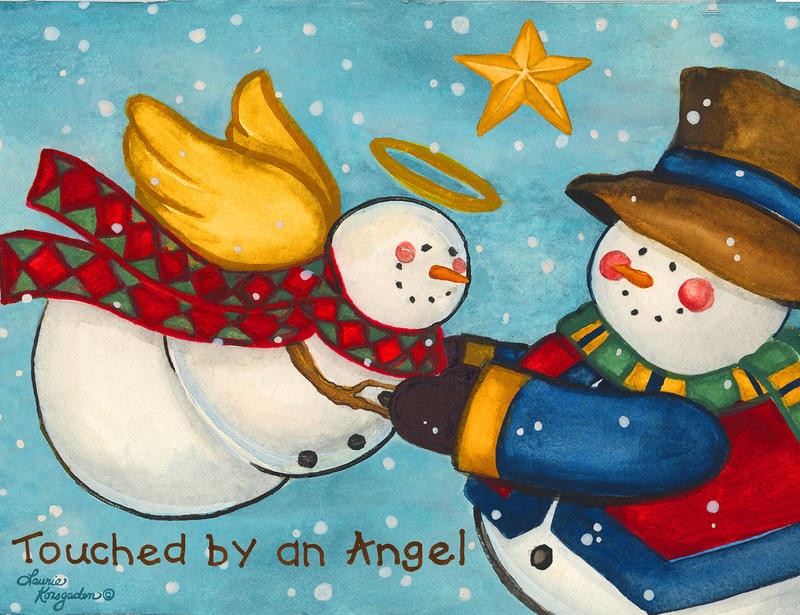 Laurie Korsgaden, TOUCHED BY AN ANGEL (Weihnachten, Schneemänner, Engel, Spaß, niedlich, Schnee, Winter, naiv, lustig, Wunschgröße, Malerei, Kinderzimmer, Treppenhaus, bunt)