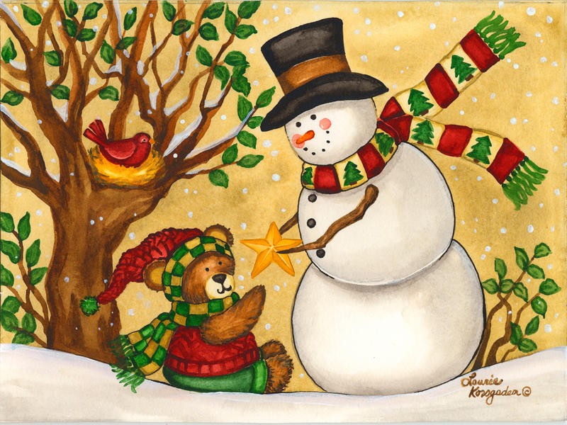 Laurie Korsgaden, BEAR WITH SNOWMAN I (Weihnachten, Schneemann, Teddy, Kuscheltier, Baum, Vogelnest, Stern, Geschenk, niedlich, Schnee, Winter, naiv, lustig, Wunschgröße, Malerei, Kinderzimmer, Treppenhaus, bunt)