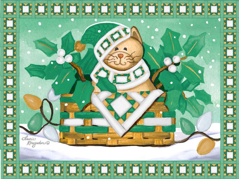 Laurie Korsgaden, FESTIVE CAT (Weihnachten, Weihnachtskatze, Kätzchen, Korb, Geschenk, niedlich, Schnee, Winter, naiv, lustig, Wunschgröße, Malerei, Kinderzimmer, Treppenhaus, grün)