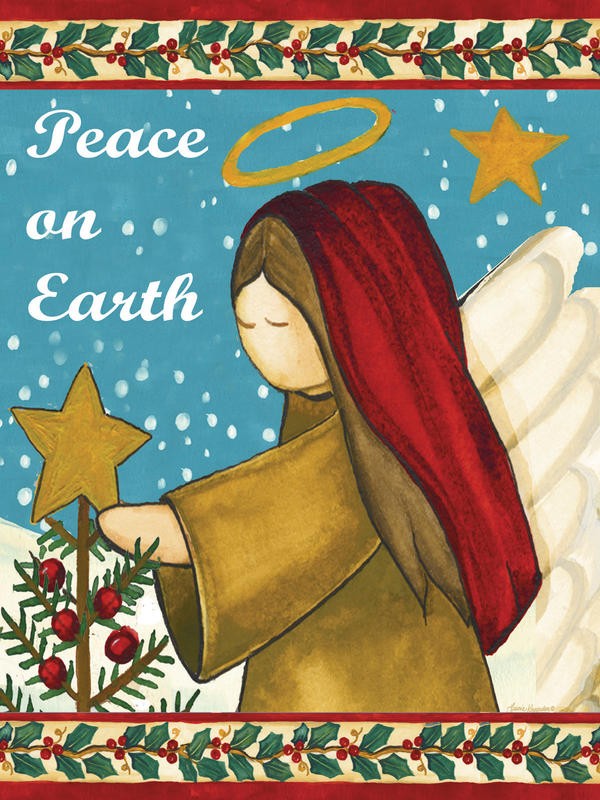 Laurie Korsgaden, PEACE ON EARTH (Weihnachten, Engel, Tannenbaum, Weihnachtsstern, Schmuck, Freiden, niedlich, Schnee, Winter, naiv, Wunschgröße, Malerei, Kinderzimmer, Treppenhaus, bunt)