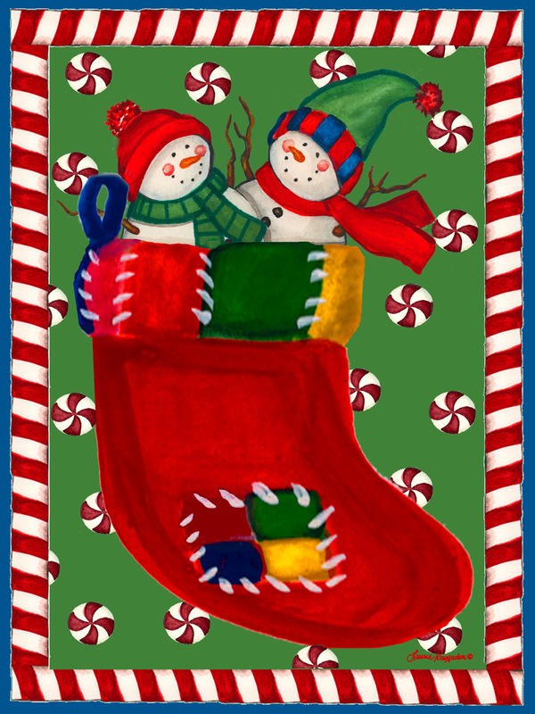 Laurie Korsgaden, GIFTS OF JOY (Weihnachten, Schneemänner, Nikolaussocke, Strumpf,  Geschenk, niedlich, Winter, naiv, lustig, Wunschgröße, Malerei, Kinderzimmer, Treppenhaus, bunt)