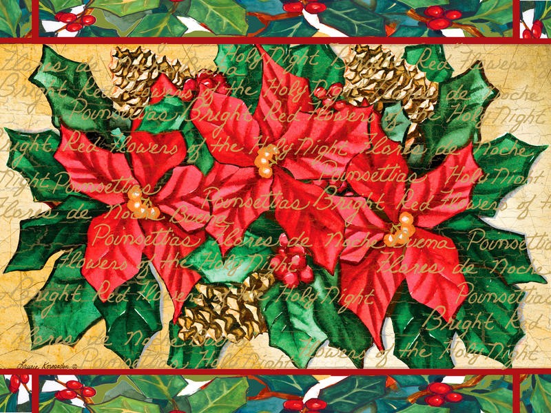 Laurie Korsgaden, POINSETTIAS (Weihnachten, Christsterne, dekorativ, Winter, naiv, lustig, Wunschgröße, Malerei, Wohnzimmer, Treppenhaus, bunt)