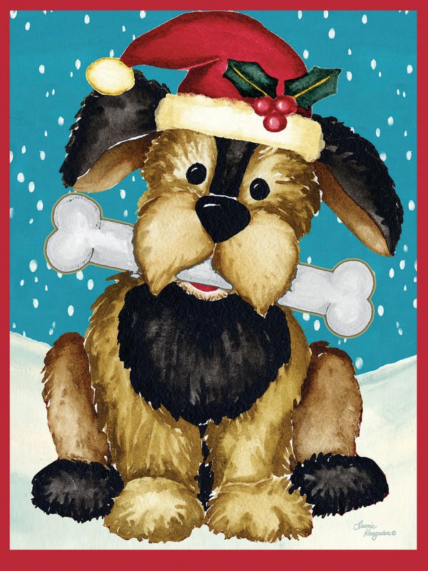 Laurie Korsgaden, CHRISTMAS PUPPY (Weihnachten,Weihnachtshund, Hund, Knochen, niedlich, Schnee, Winter, naiv, lustig, Wunschgröße, Malerei, Kinderzimmer, Treppenhaus, bunt)