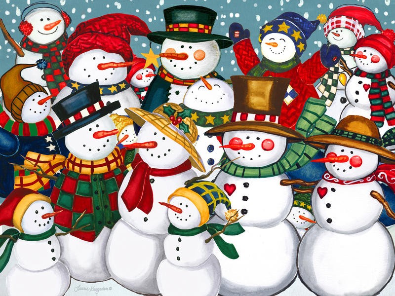 Laurie Korsgaden, FA LA LA LA LA (Weihnachten, Schneemänner, Chor, Weihnachtslieder, Singen, niedlich, Schnee, Winter, naiv, lustig, Wunschgröße, Malerei, Kinderzimmer, Treppenhaus, bunt)