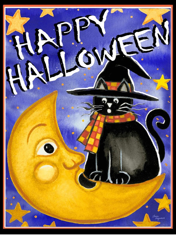 Laurie Korsgaden, HAPPY HALLOWEEN I (Katze, schwarze Katze,  Zauberhut, Mondsichel, Gruseln, Halloween, Geister, naiv, lustig, Wunschgröße, Malerei,  Kinderzimmer, Treppenhaus, bunt)