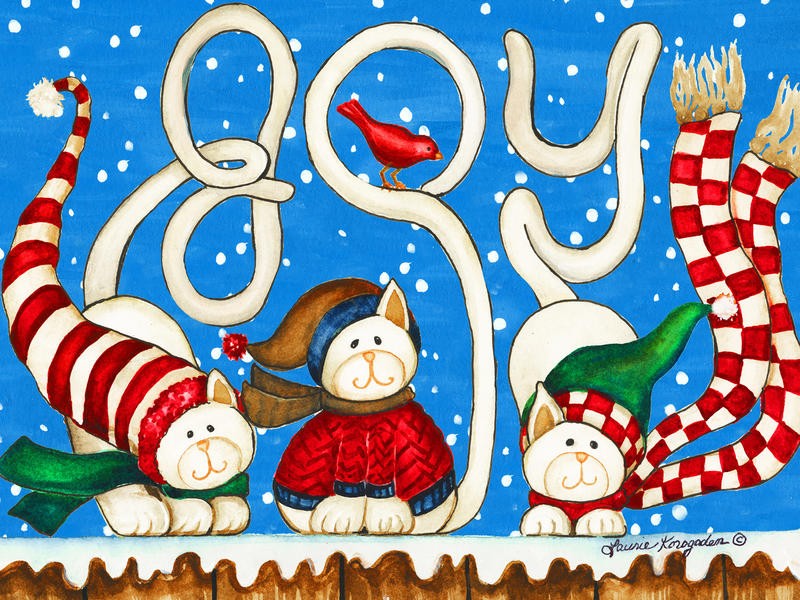 Laurie Korsgaden, JOY (Weihnachten, Weinachtskatzen, Kätzchen, niedlich, Schnee, Winter, naiv, lustig, Wunschgröße, Malerei, Kinderzimmer, Treppenhaus, bunt)