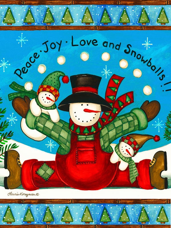 Laurie Korsgaden, LOVE AND SNOWBALLS (Weihnachten, Schneemänner, Spaß, niedlich, Schnee, Winter, naiv, lustig, Wunschgröße, Malerei, Kinderzimmer, Treppenhaus, bunt)