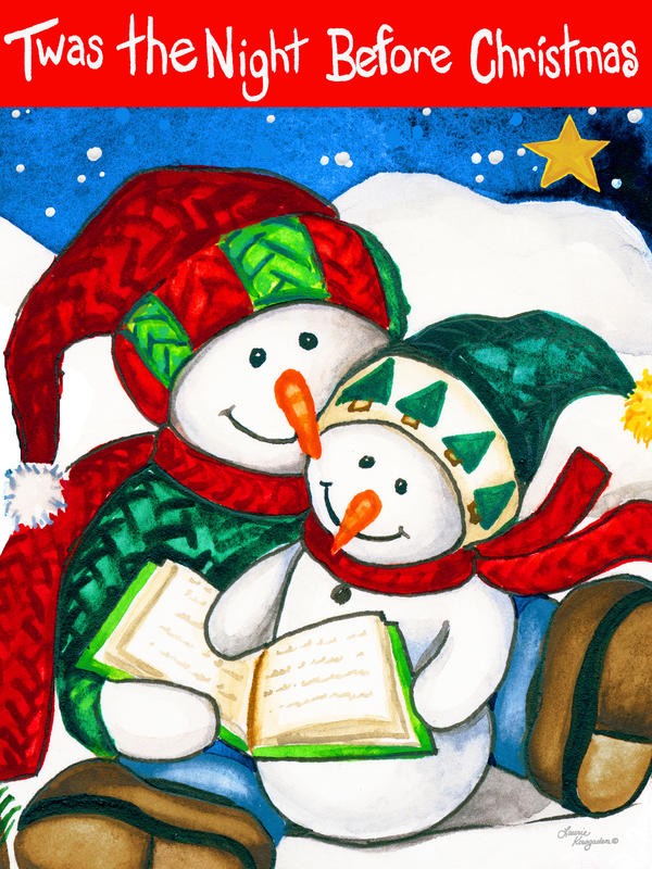 Laurie Korsgaden, THE NIGHT (Weihnachten, Schneemänner, Kuscheln, vorlesen, Winterabend, niedlich, Schnee, Winter, naiv, lustig, Wunschgröße, Malerei, Kinderzimmer, Treppenhaus, bunt)