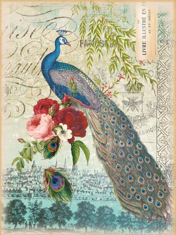 Ophelia & Co, NEW PEACOCK BLUE I (Pfau, Pfauenfedern, Pfauenaugen, Vogel, stolz, Kalligrafie, Ornamente, Blumen, Rosen, Nostalgie, Grafik, Wunschgröße, Wohnzimmer, Treppenhaus, bunt)