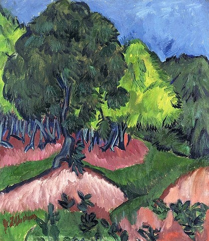 Ernst Ludwig Kirchner, Landschaft mit Kastanienbaum. 1913 (Öl auf Leinwand,20. Jahrhundert,Expressionismus,Christie's Images Ltd,1880-1938,Kirchner,Ernst Ludwig,Ernst Ludwig Kirchner,Baum,Bäume,Kastanienbaum,Landschaft,Die Brücke,Blätter,grün,Wald,Hang,Hochformat,Natur)