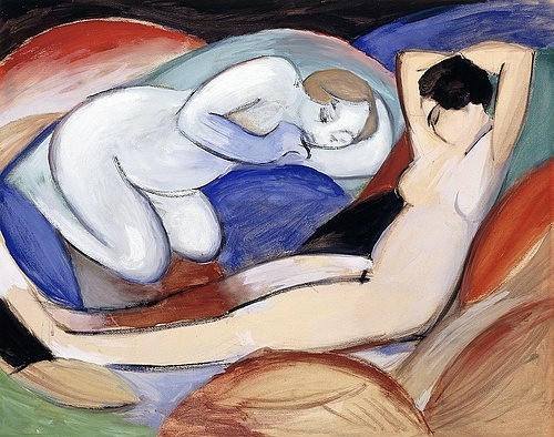 Franz Marc, Zwei liegende Akte. 1912 (20. Jahrhundert,Gouache auf Papier,Christie's Images Ltd,1880-1916,Marc,Franz,Franz Marc,kauern,zusammengekauert,liegen,Liegende,Frau,Frauen,Gouache,blass,Haut,Hautfarbe,zwei,Rast,rasten,ruhen,Ruhe,rund,weich)