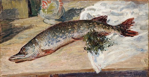 Alfred Sisley, Der Hecht. 1888 (Stillleben, Hecht, Fisch, Tier, tot, Kräuter, Nahrungsmittel, Küche, Esszimmer, Impressionismus, Klassische Moderne, Malerei, Wunschgröße, bunt)