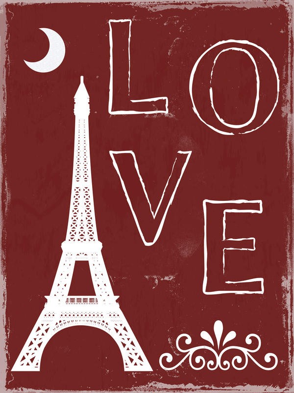 Sheldon Lewis, BIG LOVE PARIS I (Liebe, Eiffelturm, Paris, Stadt der Liebe, retro/vintage, Typografie, Wohnzimmer, Jugendzimmer, Treppenhaus, Grafik, Wunschgröße, beige/rot)