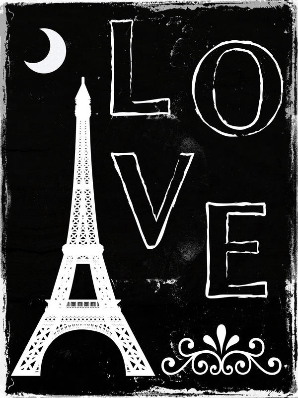 Sheldon Lewis, BIG LOVE PARIS II (Liebe, Eiffelturm, Paris, Stadt der Liebe, retro/vintage, Typografie, Wohnzimmer, Jugendzimmer, Treppenhaus, Grafik, Wunschgröße, beige/schwarz)