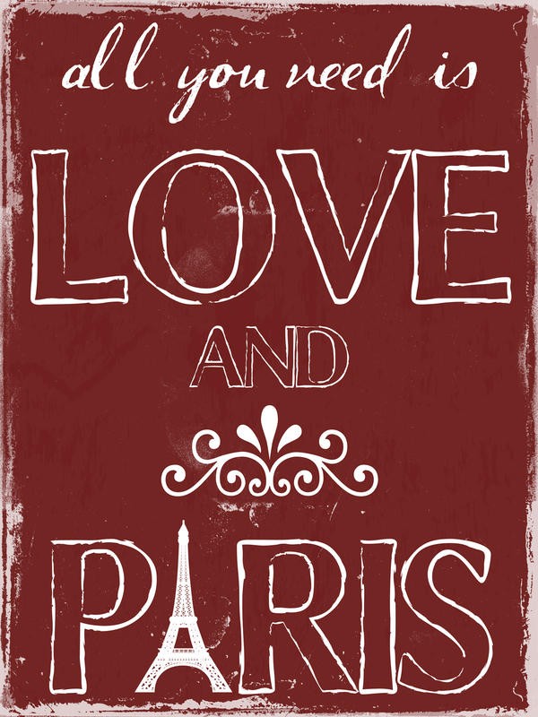 Sheldon Lewis, LOVE AND PARIS I (Liebe, Paris, Stadt der Liebe, retro/vintage, Typografie, Wohnzimmer, Jugendzimmer, Treppenhaus, Grafik, Wunschgröße, shabby, beige/rot)