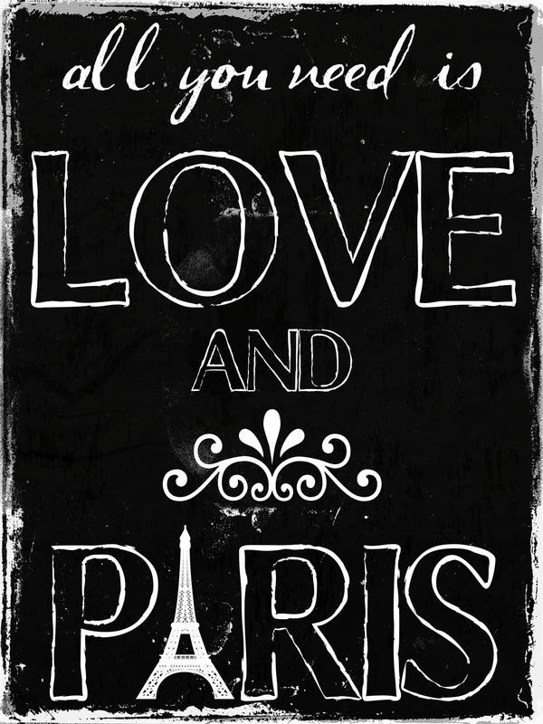 Sheldon Lewis, LOVE AND PARIS II (Liebe, Paris, Stadt der Liebe, retro/vintage, Typografie, Wohnzimmer, Jugendzimmer, Treppenhaus, Grafik, Wunschgröße, shabby, beige/schwarz)