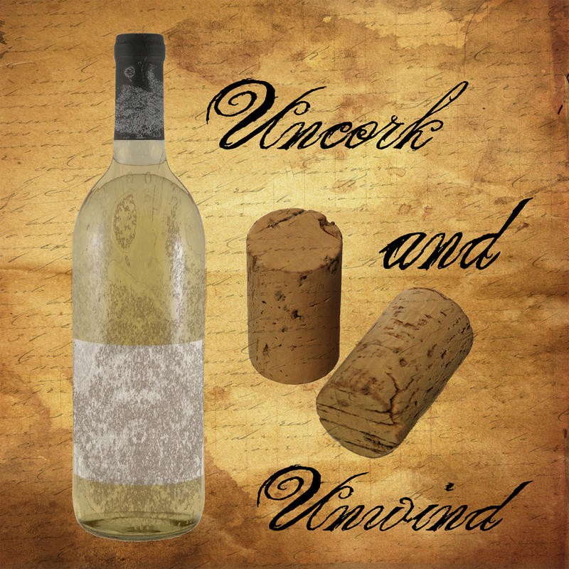 Sheldon Lewis, UNCORK II (Wein, Weißwein, Weinflasche, Korken, retro/vintage, Kalligrafie, Wohnzimmer, Küche, Esszimmer, Weinstube, Bistro, Gastronomie, Grafik, Wunschgröße, gold/beige)