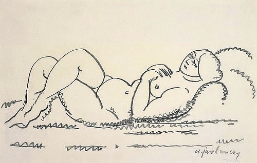 Alexej von Jawlensky, Weiblicher Akt. Um 1912 (20. Jahrhundert,Wachskreide/Papier,Christie's Images Ltd,1864-1941,Jawlensky,Alexej von,Alexej Von Jawlensky,weiblich,Akt,Frau,liegen,Liegende,Rast,schlafen,Schlaf,Schlafende,Zeichnung,schwarz weiß,übereinandergeschlagene Beine,seitlich,geschlossene Augen)