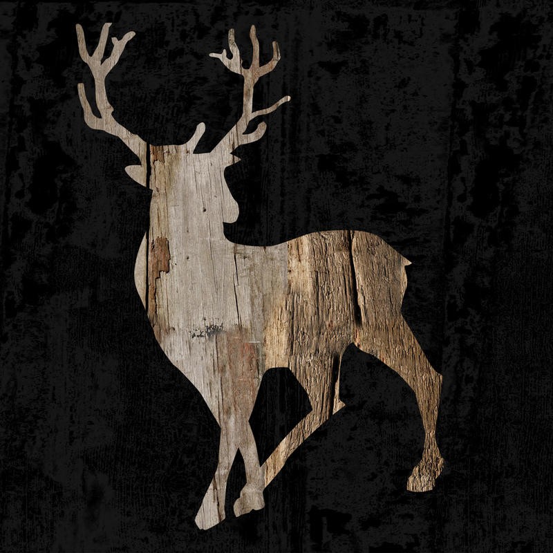Sheldon Lewis, HUNTING TIME BLACK II (Hirsch, Tier, Geweih, Holzoptik, Grafik, Wunschgröße, Wunschgröße, Treppenhaus, Wohnzimmer, schwarz/beige)