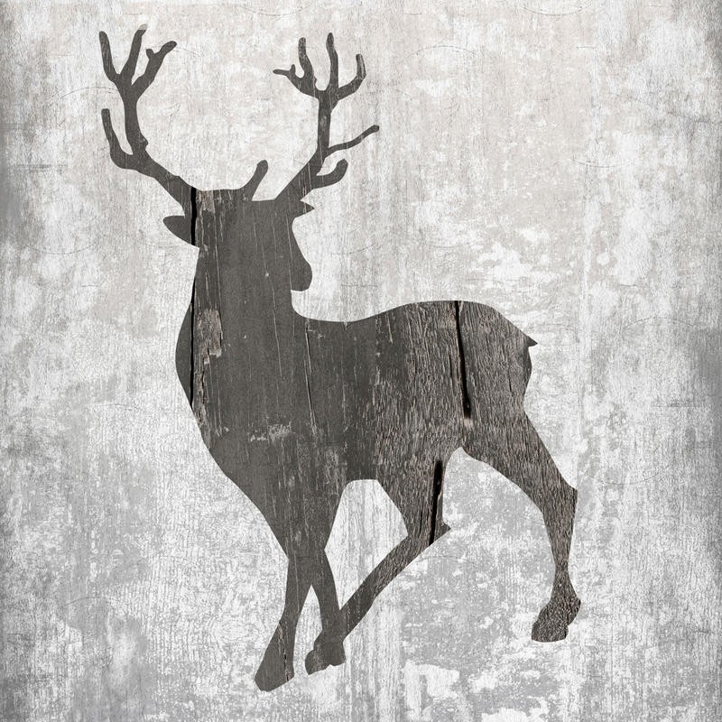 Sheldon Lewis, HUNTING TIME II (Hirsch, Tier, Geweih, Holzoptik, Grafik, Wunschgröße, Wunschgröße, Treppenhaus, Wohnzimmer, grau)