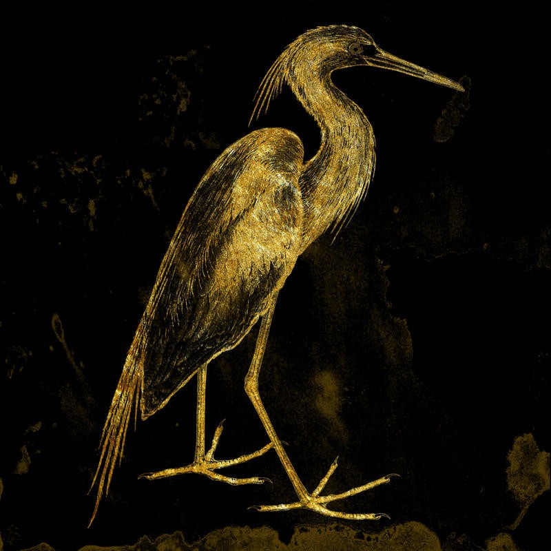 Sheldon Lewis, GOLDEN ELEGANCE II (Vogel, Reiher, Profil, modern, Grafik, Wunschgröße, Wunschgröße, Treppenhaus, Wohnzimmer, schwarz/gold)