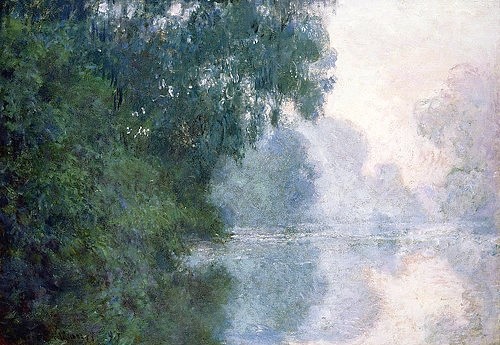 Claude Monet, Morgen an der Seine, Nebelstimmung. 1897 (Landschaft,Impressionismus,19. Jahrhundert,Öl auf Leinwand,Christie's Images Ltd,1840-1926,Monet,Claude,Claude Monet,Morgen,Morgenstimmung,Tageszeit,Tagesanbruch,Nebel,Stimmung,stimmungsvoll,Ruhe,ruhig,friedlich,Natur,Fluss,Wasser,Bäume,niemand,Landschaft)