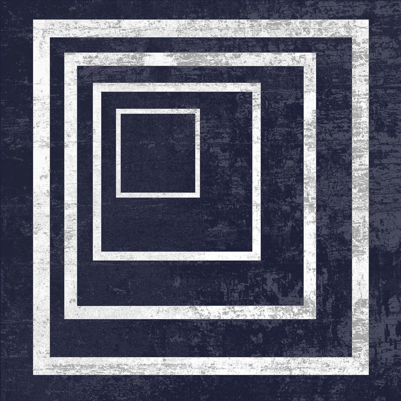 Sheldon Lewis, GEOMETRICAL IV (Quadrate, Vierecke, geometrisches Muster, modern, Grafik, Wunschgröße, Wohnzimmer, Treppenhaus, blau/weiß)